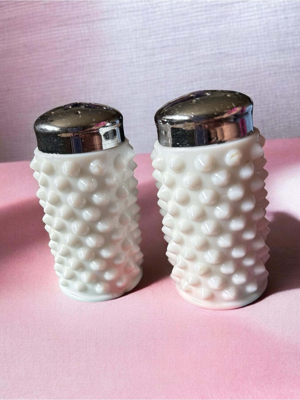 Fenton White Hobnail Milk Glass Salt and Pepper Shakers with Silver Tops